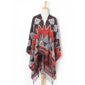 Women winter geometric pattern fringe poncho cape stylish warm knitted tassel wrap scarf
