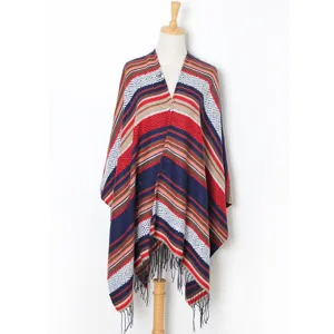 Women's geometric knit poncho shawl autumn winter tassel split cape warm fashion outerwear