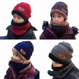 Bonnet en Tricot Acrylique Chaud d'Hiver pour Enfants et Cache-Cou Doublé Polaire Protection Oreilles Écharpe pour Froid