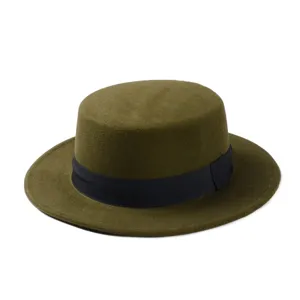 Olive green flat top fedora hat retro wool felt boater hat for women and men fashion style
