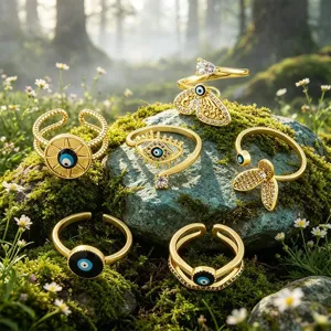 Bague ouverte œil maléfique, cuivre plaqué or avec zircone cubique et émail, réglable.