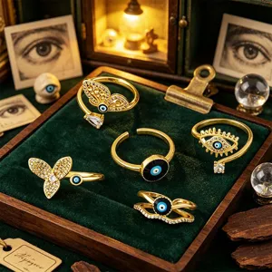 Vue détail de bagues ouvertes œil maléfique dorées avec zircon et design émaillé.