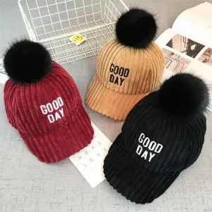 Thickened Corduroy Baseball Cap Winter Warm Letter Embroidered Large Pom Pom Duck Tongue Hat Unisex Casual Hat