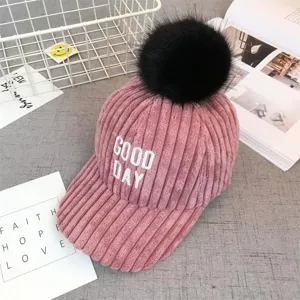 Thickened Corduroy Baseball Cap with Pom-Pom Winter Warm Letter Embroidery Duck Tongue Hat