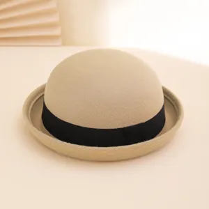 Classic camel felt dome hat with black ribbon band stylish autumn winter bowler jazz cap for women