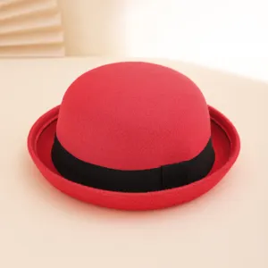 Classic red wool bowler hat with black ribbon, British style hat for autumn and winter.