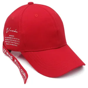 Red Korean style baseball cap with long strap trendy couple hat for men and women stylish