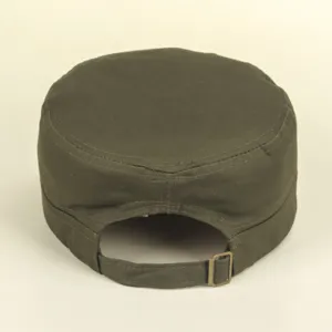 Detailed view of the dark green military cap showing rear adjustable strap and buckle.