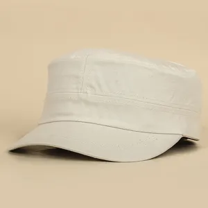 Beige flat top military cap detail view, classic casual outdoor hat for men and women daily wear.