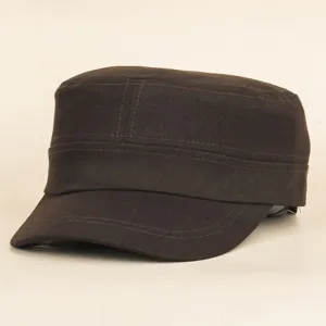 Dark brown cotton flat top military cap for men and women outdoor spring summer casual wear