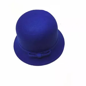 Blue wool felt bowler hat detail, retro British style cloche hat with cute bow decoration.