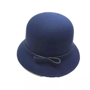 Navy blue felt bowl hat detail shot showing the delicate bowknot and smooth texture.