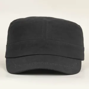 Black flat top military cap detail, casual cotton cadet hat with firm visor and neat stitching.