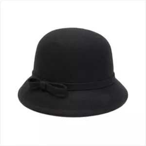 Classic black women wool blend bucket hat with side bow vintage dome cloche hat detail