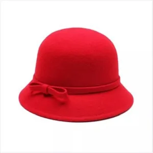 Red felt dome bowler hat with stylish side bow detail, classic vintage wool felt basin hat.