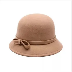 Women retro faux wool felt dome hat with side bow, elegant British style autumn winter cloche hat.