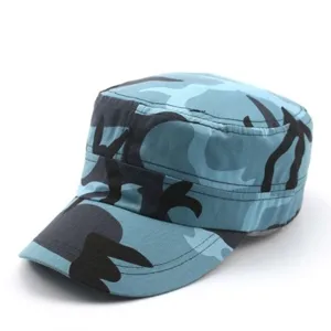 Blue camo flat top cap for outdoor sports, military training and casual daily wear detail.