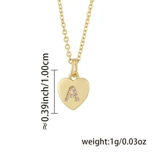 Gold plated heart initial A pendant necklace detail shot with size and weight specification.
