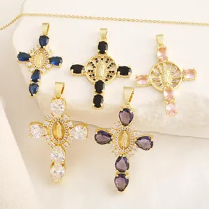 Ciondolo Croce Placcato Oro 18K Vergine Maria Zircone Multicolore Collana Vintage