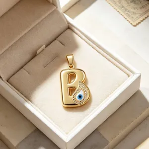 Gold plated letter B evil eye pendant necklace charm, stylish turkish blue eye jewelry gift.