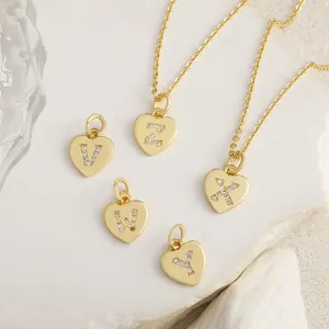 Gold plated copper heart letter pendant necklace and DIY jewelry charms sparkling rhinestones