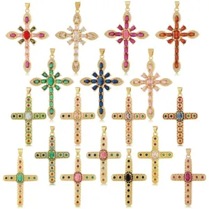 Vintage Kupfer Bunte Zirkonia Kreuz Anhänger Halskette Echtgold Galvanisiert Hofstil Kreuz Charme Schmuck Für Damen Herren