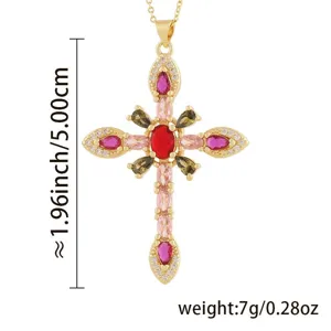 Vintage mehrfarbige Zirkon Kreuz Anhänger Halskette mit echter Goldplattierung Damen.