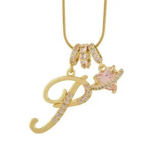 Collier initial 26 lettres en or avec pendentif cœur cristal rose planète mode bijoux