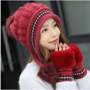 Set cappello in maglia e guanti caldi donna inverno, simpatico pon pon paraorecchie peluche freddo.