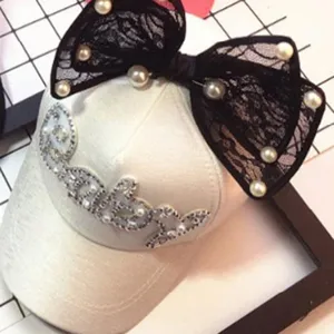 Kids white baseball cap with black lace bow pearl rhinestone letter summer sun hat