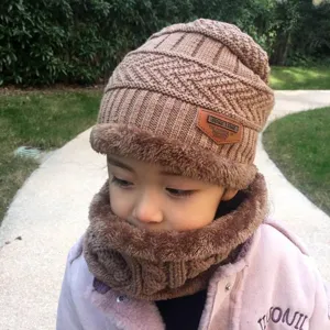 Ensemble bonnet et écharpe en tricot doublé polaire pour enfants, bonnet d'hiver chaud marron.