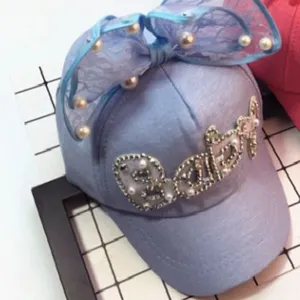 Kids baseball cap with bow lace pearls cute baby summer sun hat breathable mesh visor