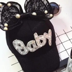 Kids black baseball cap with pearl lace bow and sparkly baby letter for summer outdoor wear