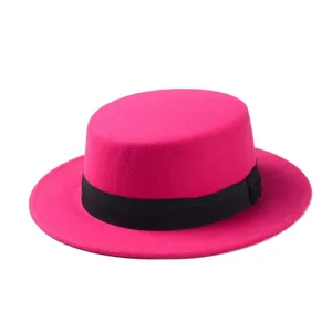 Pink flat top hat wool felt vintage jazz hat winter british style retro fashion headwear