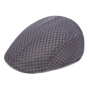 Grey mesh flat cap detail, breathable fabric ivy hat, vintage summer style sun protection.