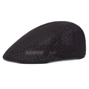Breathable black mesh flat cap for men and women, vintage summer ivy beret hat details.
