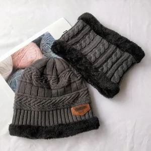 Ensemble Bonnet et Tour de Cou Hiver Enfant Doublé Polaire Gris Chaud Epais Beanie