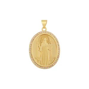 Exquis pendentif portrait en zirconium plaqué or 18K collier rond relief rétro élégant.