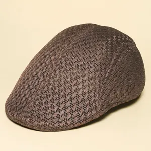 Classic mesh flat cap for men and women, breathable summer retro ivy beret hat in dark brown.