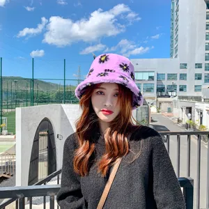 Purple fuzzy bucket hat with cute black and yellow flower pattern for women stylish casual wear