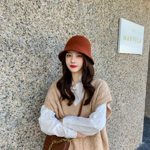 Women winter knit bucket hat, cozy warm wool blend cap, cute casual fashion headwear.