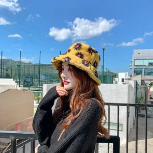Cute fuzzy floral bucket hat for women, Korean style soft plush winter warm fisherman cap.