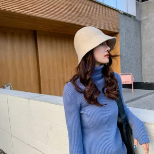 Beanie winter knitted bucket hat for women fashionable warm casual beige casual street wear style