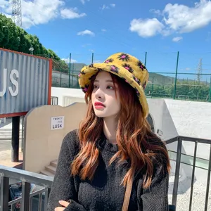 Cute fuzzy floral bucket hat for women, soft warm winter plush basin hat for daily wear.