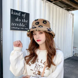 Plush floral bucket hat for women, cute brown fuzzy winter fisherman cap, warm soft outdoor cap.
