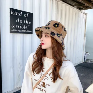 Korean style cute plush bucket hat for women, warm winter brown floral designer fuzzy hat.