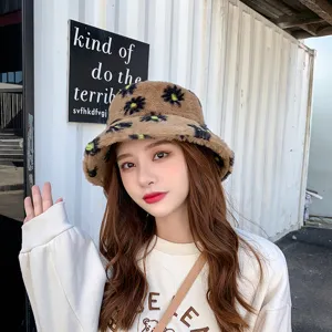 Fuzzy bucket hat for women, cute plush winter hat with floral pattern, soft warm daily wear.