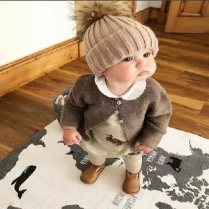 Unisex Kids Adults Warm Acrylic Ribbed Knit Cuffed Beanie Hat With Soft Faux Fur Pom-Pom Thermal Windproof Winter Outdoor Beanie