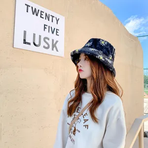 Korean style cute fuzzy bucket hat for women winter warm plush daisy printed hat soft