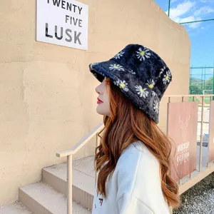 Korean style cute daisy plush bucket hat soft warm winter basin hat for women daily wear